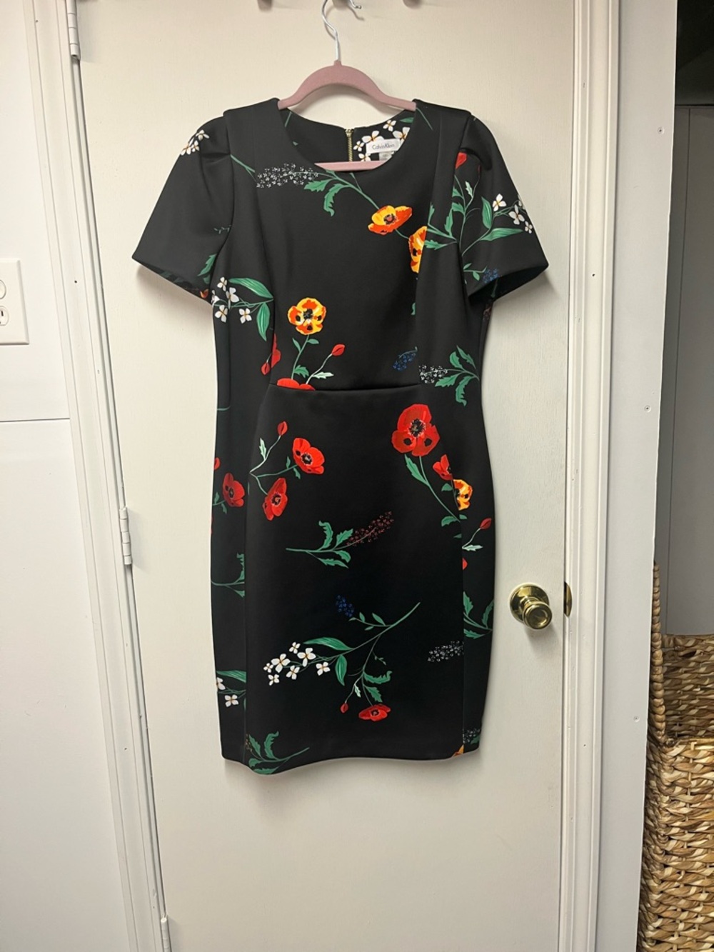 Calvin Klein Black Floral Sheath Dress with Red and Yellow Blooms